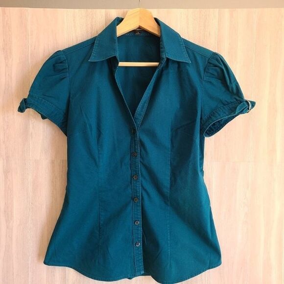 Express Design Studio Teal Blouse S – Puff Sleeve, Button Front, Fitted Waist - Picture 1 of 7